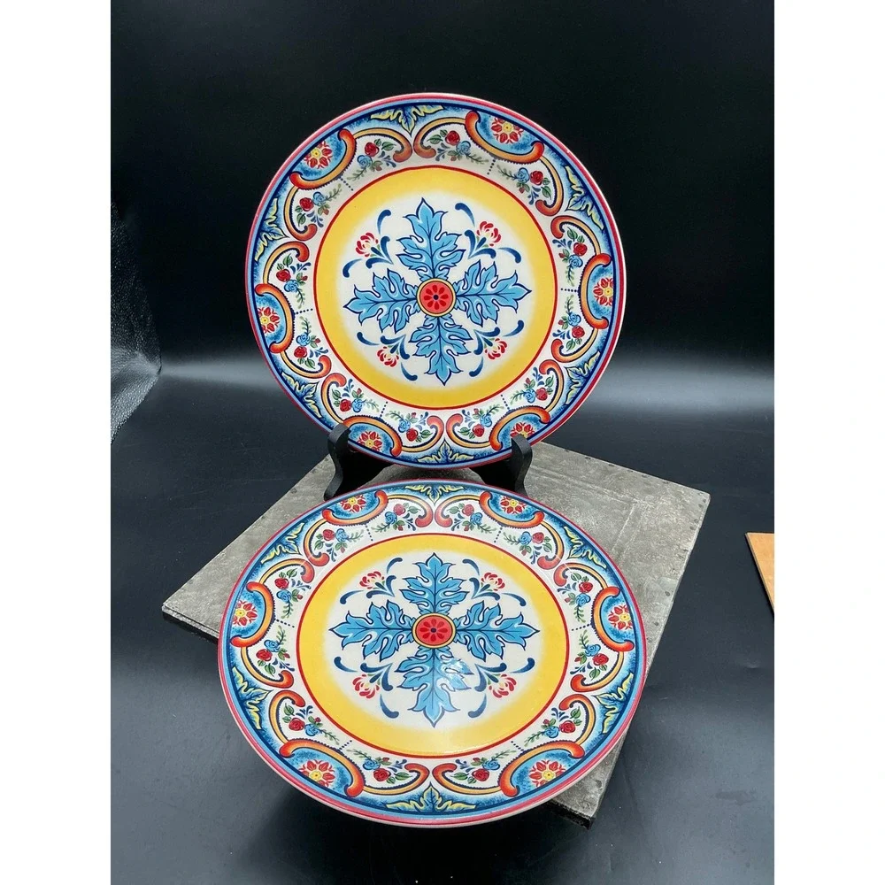 Euro Ceramica Zanzibar Salad Plates Set of 2 Blue Yellow Red Spanish  8.25in